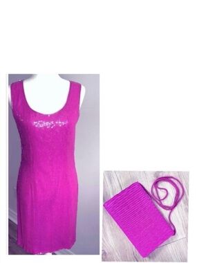 Vintage Hot Pink Silk Sequin Dress + Matching Purse — 1980s Glam Set